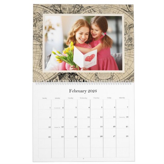 ヴィンテージ世界地図カスタム2024年家族写真 カレンダー (2月 2026)