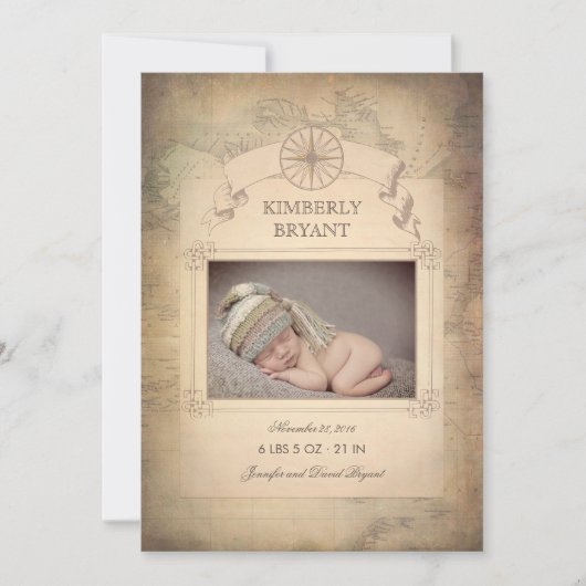 ヴィンテージ世界地図フォトベビー誕生のお知らせ 案内状 (正面)