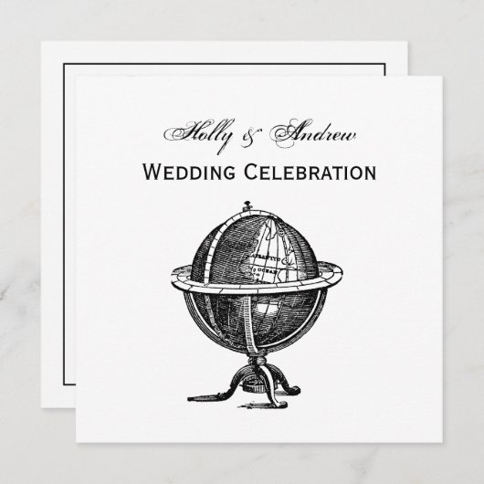 ヴィンテージ世界地図リソグラフ描画 モノクロ 招待状 (正面/裏面)