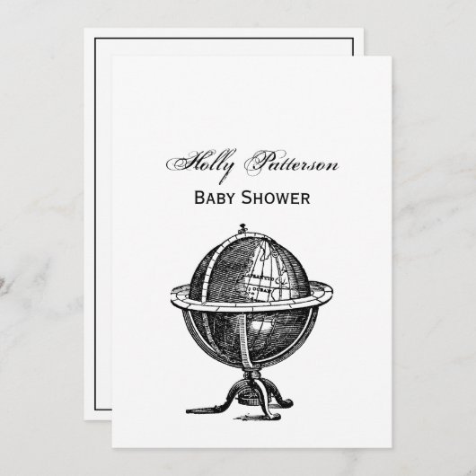 ヴィンテージ世界地図リソグラフ描画 モノクロ 招待状 (正面/裏面)