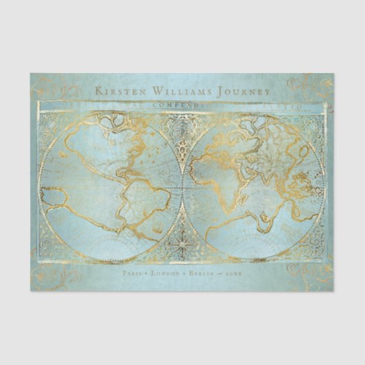 ヴィンテージ世界地図金ゴールドブルーモノグラム名 薄葉紙 (正面)