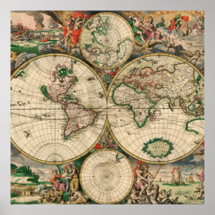 ヴィンテージ世界地図1689ポスター ポスター