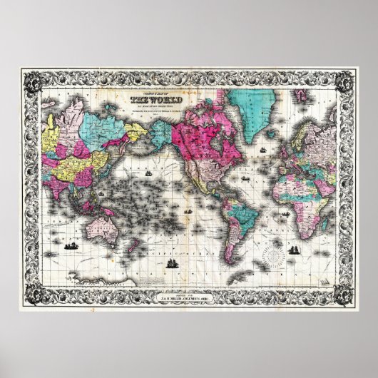 ヴィンテージ世界地図(1852) – 様式化 ポスター (正面)