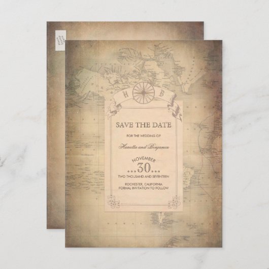 ヴィンテージ世界地図Old日付を保存 案内ポストカード (正面/裏面)