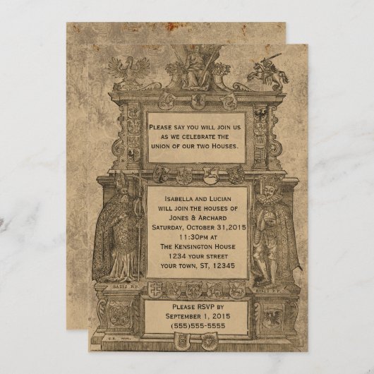 ヴィンテージ中世のウッドカットのゴシック様式の結婚式の招待 招待状 (正面/裏面)