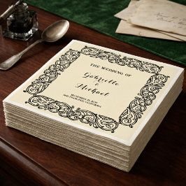 ヴィンテージ中世の結婚式ペーパーナプキン ブラックアイボリー スタンダードカクテルナプキン