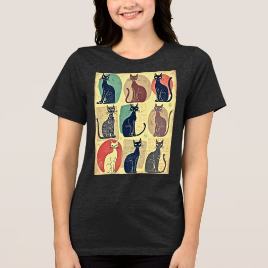 ヴィンテージ中世紀のモダン猫 トライブレンドTシャツ (正面)
