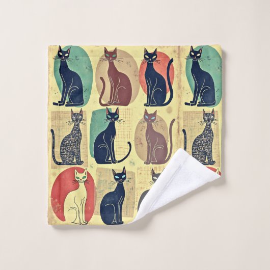 ヴィンテージ中世紀のモダン猫 バスタオルセット (ウォッシュタオル)