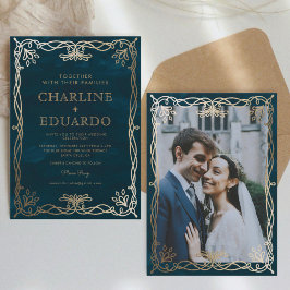 ヴィンテージ中世金ゴールドアイビー結婚式招待状 招待状
