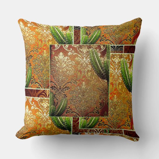 ヴィンテージ中国のサボテンと幾何学模様 クッション (正面)