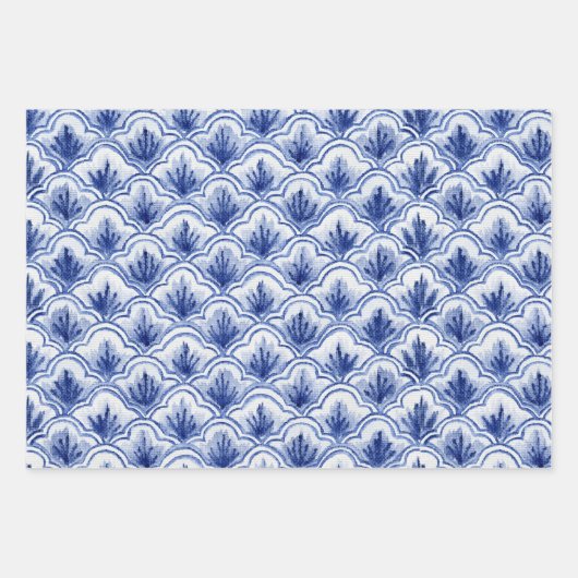 ヴィンテージ中国のシェルブルーとホワイトパターン ラッピングペーパーシート (正面)