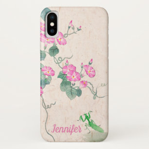 ヴィンテージ中国のスタイルグリーンピンクフラワー絵画ズ iPhone X ケース