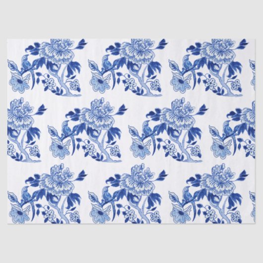 ヴィンテージ中国のフローラブルーホワイトツリー牡丹 薄葉紙 (正面)