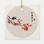 ヴィンテージ中国の絵画の秋の鳥の赤葉い鳥 セラミックオーナメント (裏面)