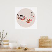 ヴィンテージ中国の絵画の秋の鳥の赤葉い鳥 ポスター (キッチン)