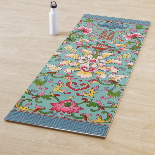 ヴィンテージ中国アジアブーケピンクオンアクアブルー ヨガマット (インサイチュ)