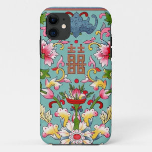 ヴィンテージ中国アジアブーケピンクオンアクアブルー iPhone 11 ケース
