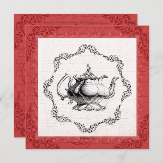 ヴィンテージ中国ティーポットブライダルシャワーティーパーティー 招待状 (正面/裏面)