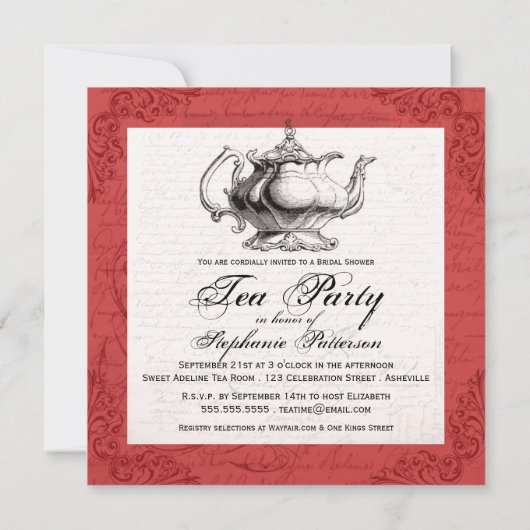 ヴィンテージ中国ティーポットブライダルシャワーティーパーティー 招待状 (裏面)