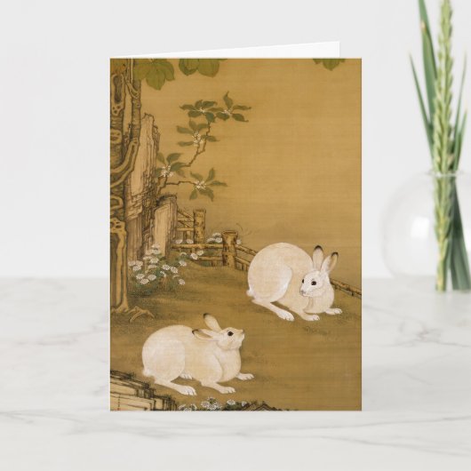 ヴィンテージ中国美術 二匹の白兎の絵画 カード (正面)