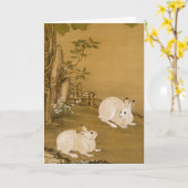 ヴィンテージ中国美術 二匹の白兎の絵画 カード (黄色い花)