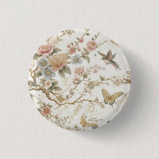 ヴィンテージ中華風花柄とハチドリ 缶バッジ (正面)