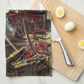 ヴィンテージ事業、消防士、消防士の消防車 キッチンタオル (四つ折り)