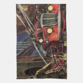 ヴィンテージ事業、消防士、消防士の消防車 キッチンタオル (縦)