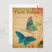 ヴィンテージ二蝶フローラフランスの花 ポストカード (正面/裏面)