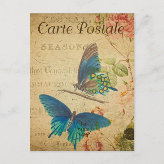 ヴィンテージ二蝶フローラフランスの花 ポストカード (正面)