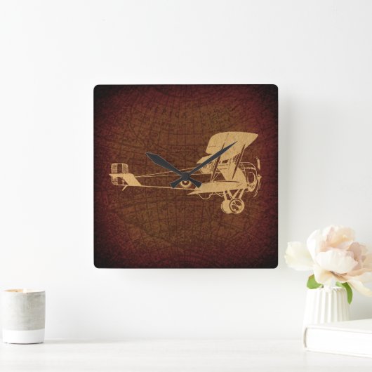 ヴィンテージ二面飛行機アンティーク飛行機地図 スクエア壁時計 (ホーム)