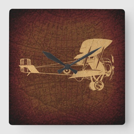 ヴィンテージ二面飛行機アンティーク飛行機地図 スクエア壁時計 (正面)