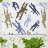 ヴィンテージ二面飛行機パターンブルーブラウン キッチンタオル (折り畳み)