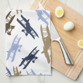ヴィンテージ二面飛行機パターンブルーブラウン キッチンタオル (四つ折り)