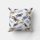 ヴィンテージ二面飛行機パターンブルーブラウン クッション (裏面)