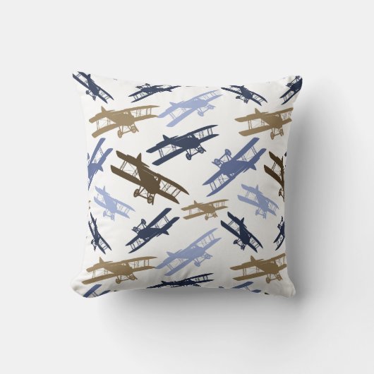ヴィンテージ二面飛行機パターンブルーブラウン クッション (正面)