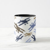 ヴィンテージ二面飛行機パターンブルーブラウン マグカップ (中央)