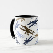 ヴィンテージ二面飛行機パターンブルーブラウン マグカップ (正面左)