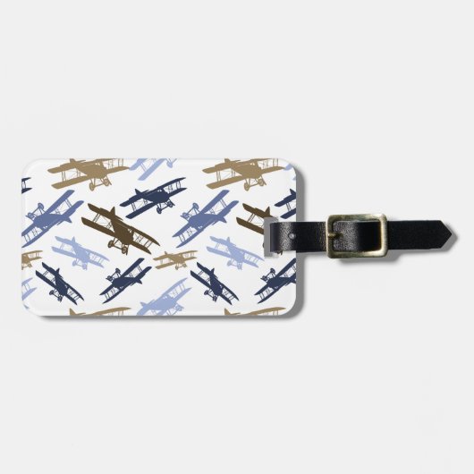 ヴィンテージ二面飛行機パターンブルーブラウン ラゲッジタグ (正面横)