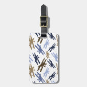 ヴィンテージ二面飛行機パターンブルーブラウン ラゲッジタグ (正面縦)