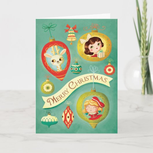 ヴィンテージ人形とトナカイのクリスマスグリーティングカード シーズンカード (正面)