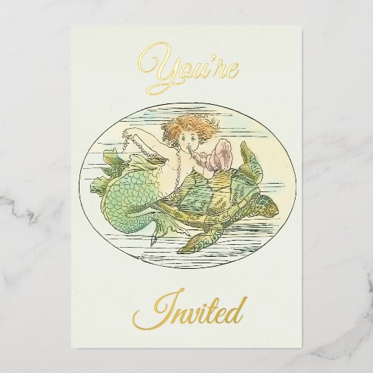 ヴィンテージ人魚の海の下のパーティー 箔招待状 (正面)