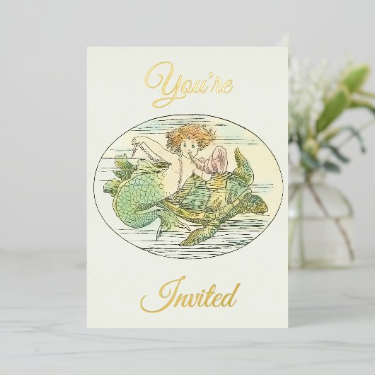 ヴィンテージ人魚の海の下のパーティー 箔招待状 (立ち正面)
