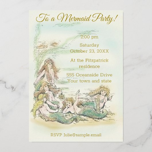 ヴィンテージ人魚の海の下のパーティー 箔招待状 (裏面)