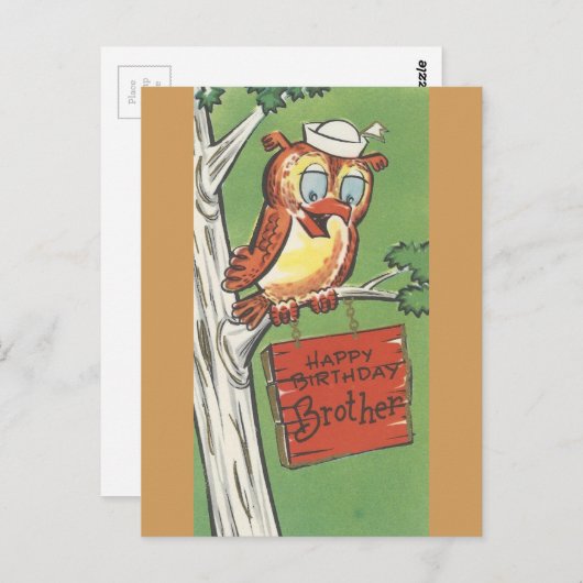 ヴィンテージ付き兄弟用フクロウハッピーバースデー ポストカード (正面/裏面)