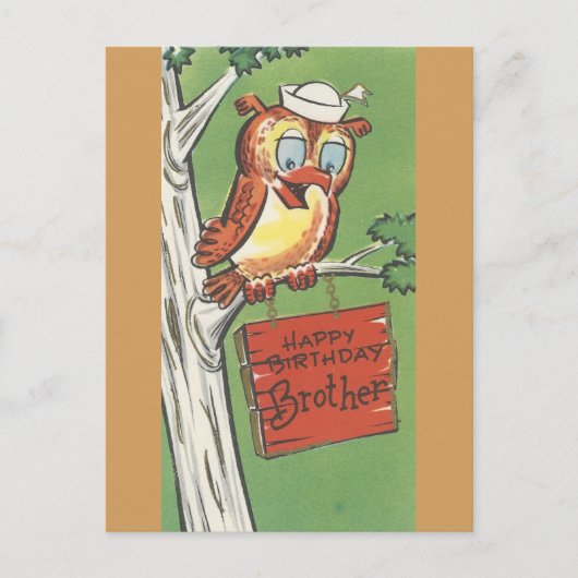 ヴィンテージ付き兄弟用フクロウハッピーバースデー ポストカード (正面)