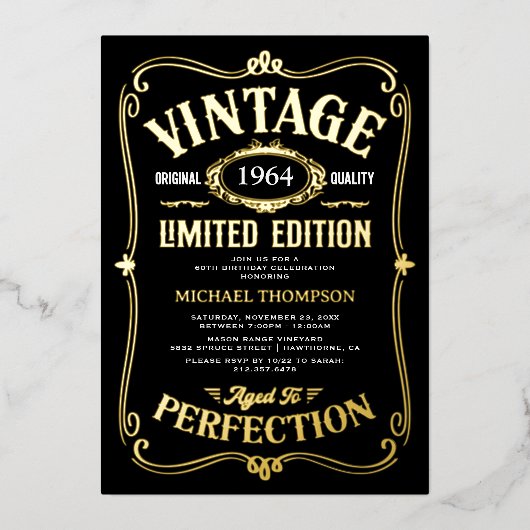 ヴィンテージ任意の年齢大人誕生日黒金ゴールド 箔招待状 (正面)