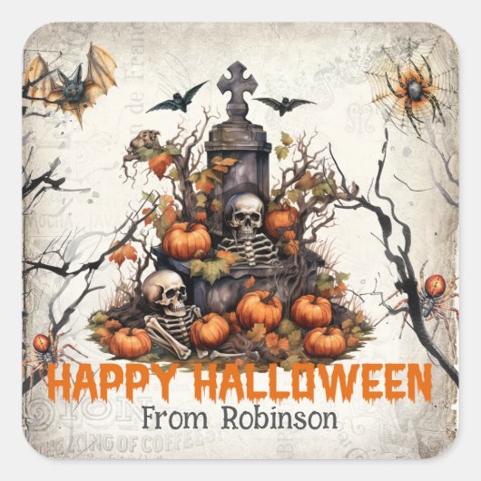 ヴィンテージ伝統の水の色のスカル墓地 スクエアシール (正面)