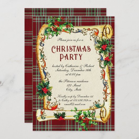 ヴィンテージ伝統的クリスマスパーティースクロールプレイド 招待状 (正面/裏面)