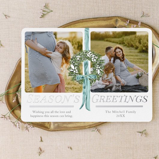 ヴィンテージ伝統的リースリボン水彩写真 箔シーズンカード